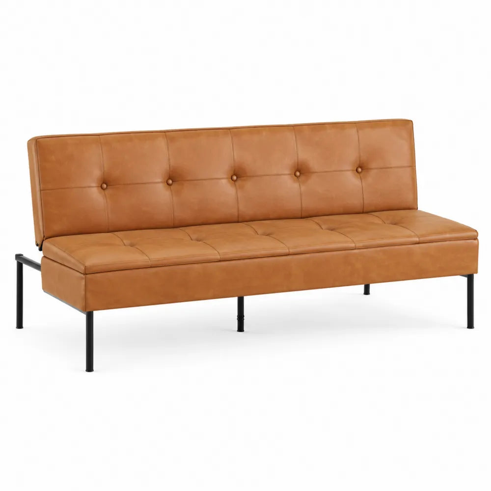 Divano 3 posti rettangolare in similpelle PU marrone cognac con schienale trapuntato e gambe in acciaio nero 185x75x80 cm