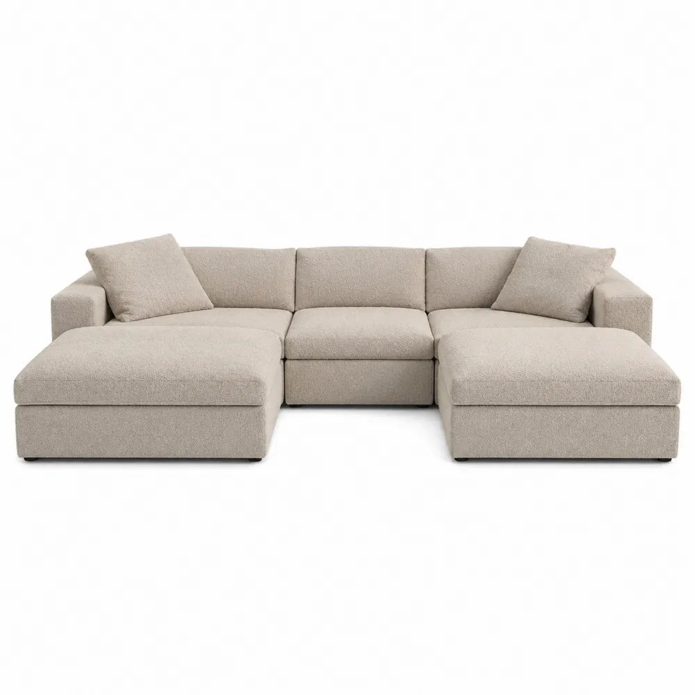 Divano modulare a U con doppia chaise longue in tessuto bouclé di poliestere beige chiaro 260x160x80 cm