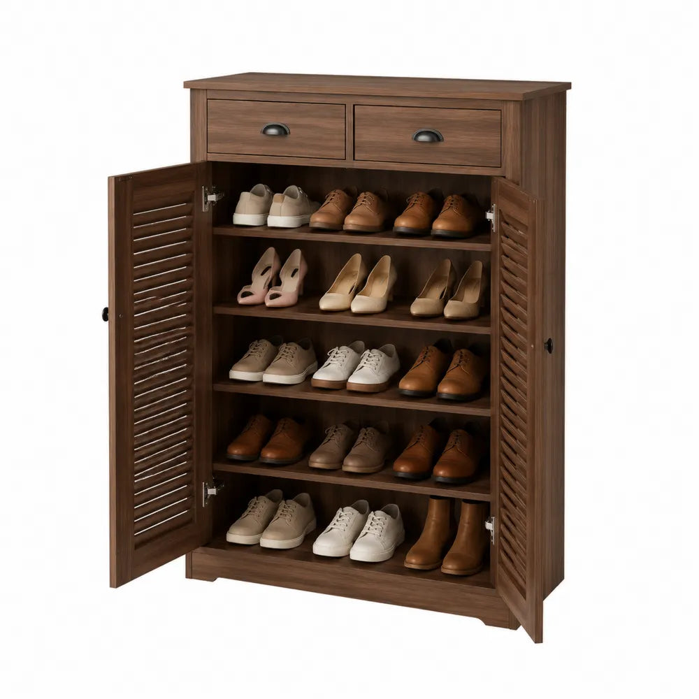 Scarpiera contenitore rettangolare da interno in MDF effetto noce con 2 cassetti 2 ante a persiana ripiani interni e maniglie nere 110 x 35 x 110 cm