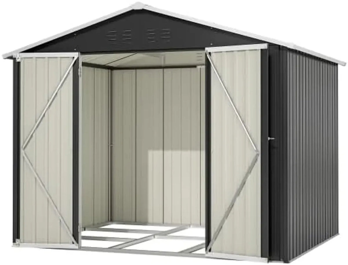 Casetta da Giardino in Acciaio con Porte Scorrevoli e Ventilazione, Resistente al Vento, 240 x 192 x 191 cm, Nero