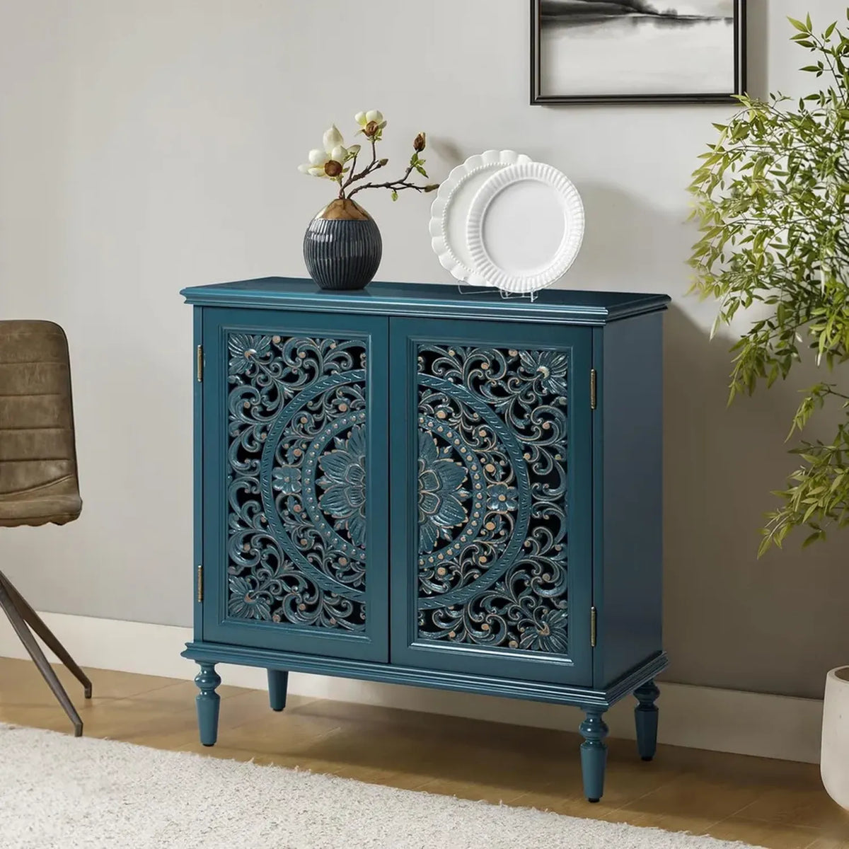 HULALA HOME Credenza con Ripiani a 2 Livelli e Ante Floreali, Stile Vintage per Soggiorno e Sala Pranzo, Blu