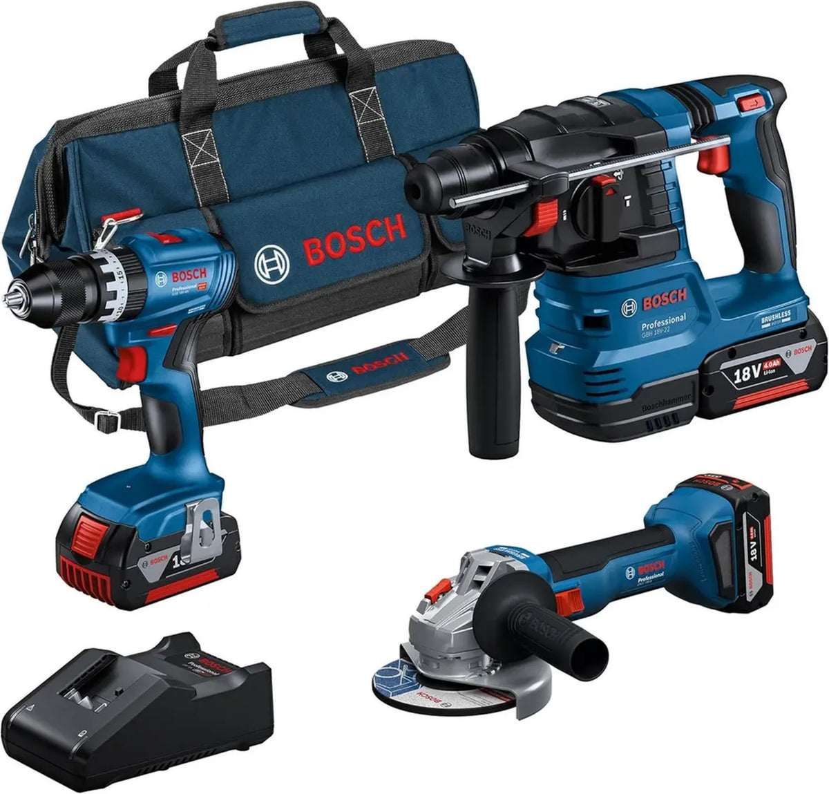 Set Utensili a Batteria Bosch 18V: Trapano + Tassellatore + Smerigliatrice con 3 Batterie e Borsa