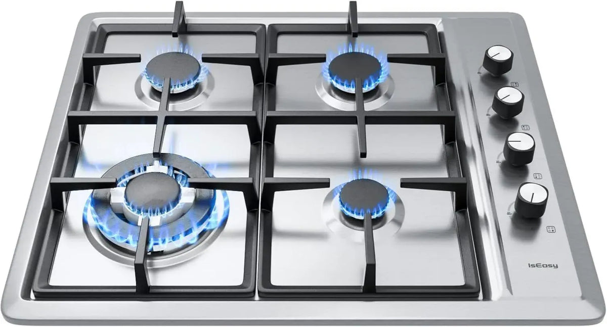 Piano Cottura a Gas 4 Fuochi, 60 cm, Acciaio Inox, Potente Bruciatore Triplo, Accensione Elettrica, Sicurezza Integrata