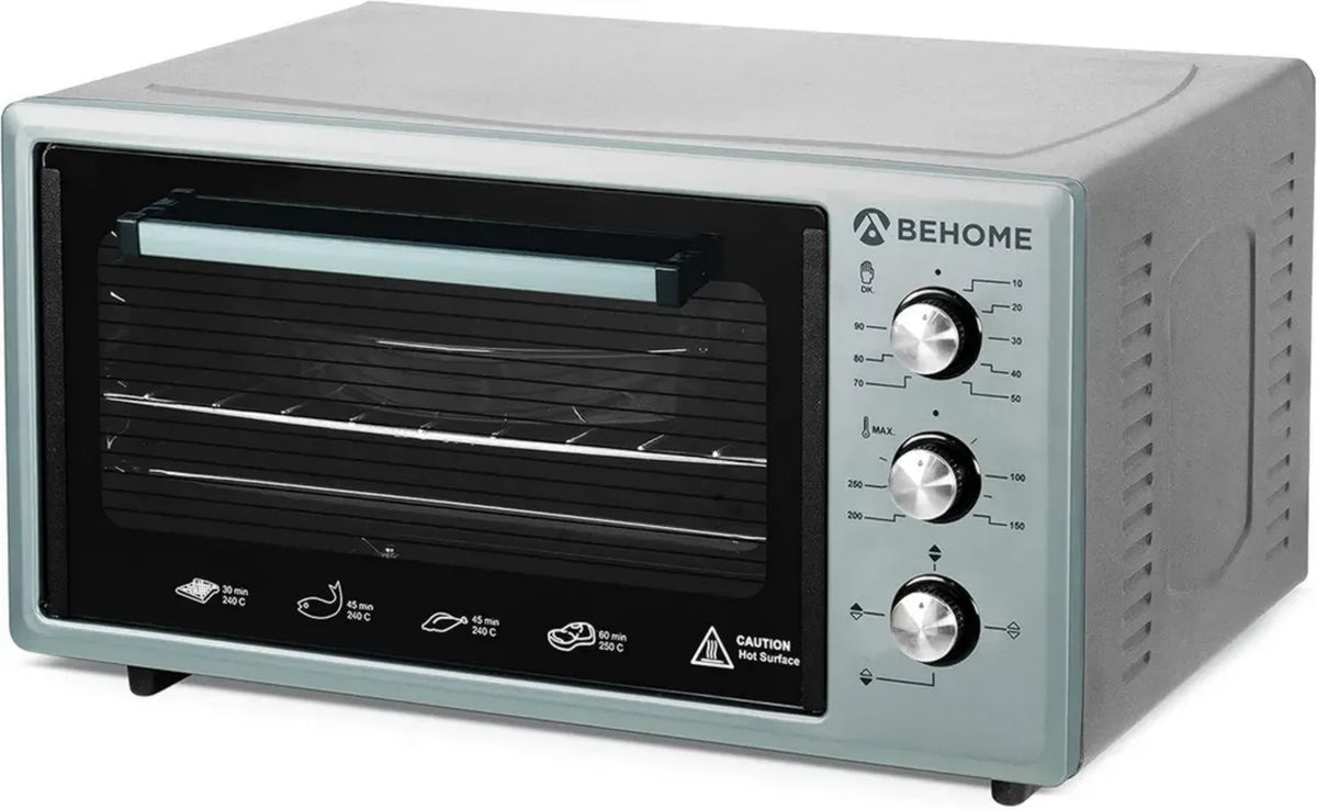 BEHOME Forno Elettrico 48L con Ventilazione e Girarrosto, Autopulente, Fino a 320°C, Doppio Vetro, Luce Interna, Timer, 2 Teglie e 1 Griglia (Grigio)