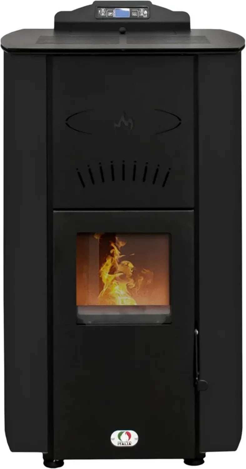 Stufa a Pellet Idro 22KW con Pulizia Automatica, Efficienza 89%, per 140m², Autonomia 22 Ore, Programmabile, 5 Livelli di Potenza, Nero, Garanzia 24 Mesi