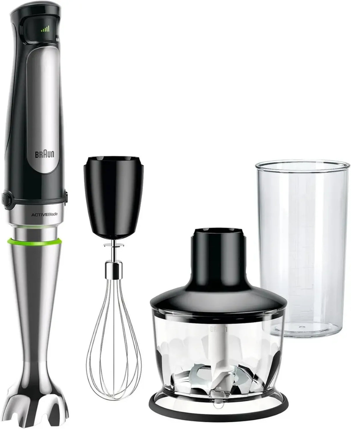 Frullatore a Immersione Braun MultiQuick 7 con Tecnologia Anti-Schizzi e ActiveBlade, Velocità Regolabile, Tritatutto da 500 mL, Frusta, Bicchiere da 600 mL, 1000W, Nero