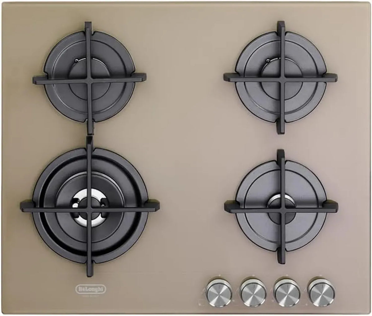 De'Longhi Piano Cottura a Gas 60cm con 4 Fuochi, Vetro Temperato e Griglie in Ghisa