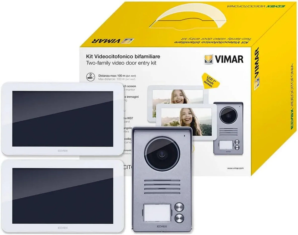 Kit Videocitofono Bifamiliare Vimar 7' con Schermo Touch, Alimentatore Multispina, Grigio