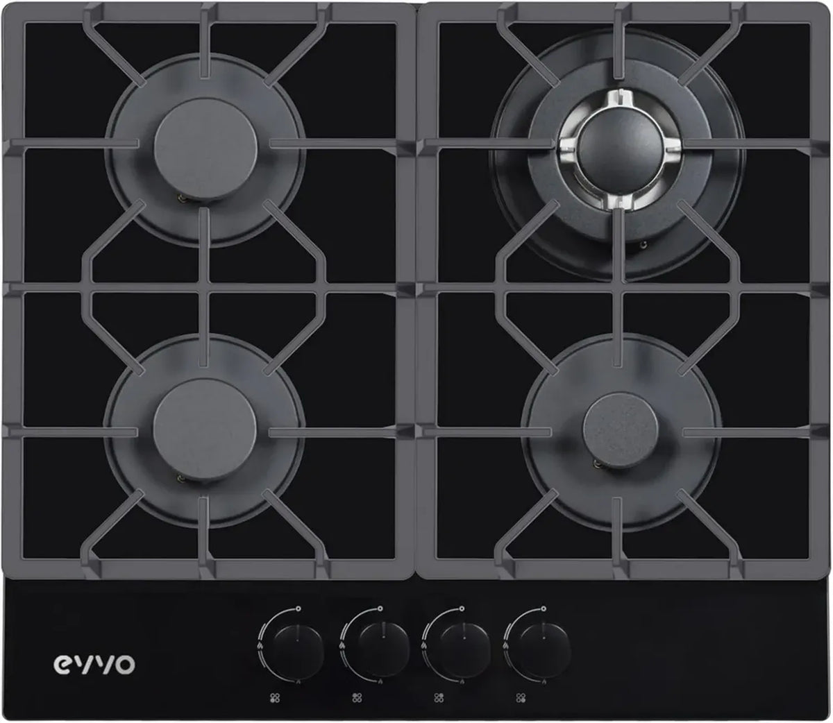 EVVO Piano Cottura a Gas V70 in Vetro Temperato Nero, 4 Fuochi con Wok, Accensione Elettrica, Compatibile con Gas Naturale e Butano
