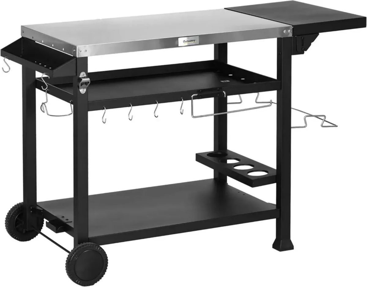 Outsunny Carrello da Barbecue in Acciaio Inox con Tavolo Pieghevole e Accessori, 2 Ruote, Nero, 125x65x84cm