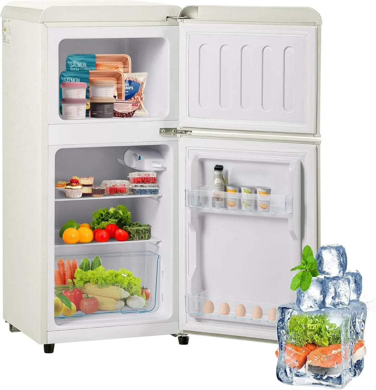 Frigorifero retrò Merax con congelatore doppia porta, 60L, 22L, classe energetica efficiente, -27°C ~ 13°C, illuminazione LED, bianco crema