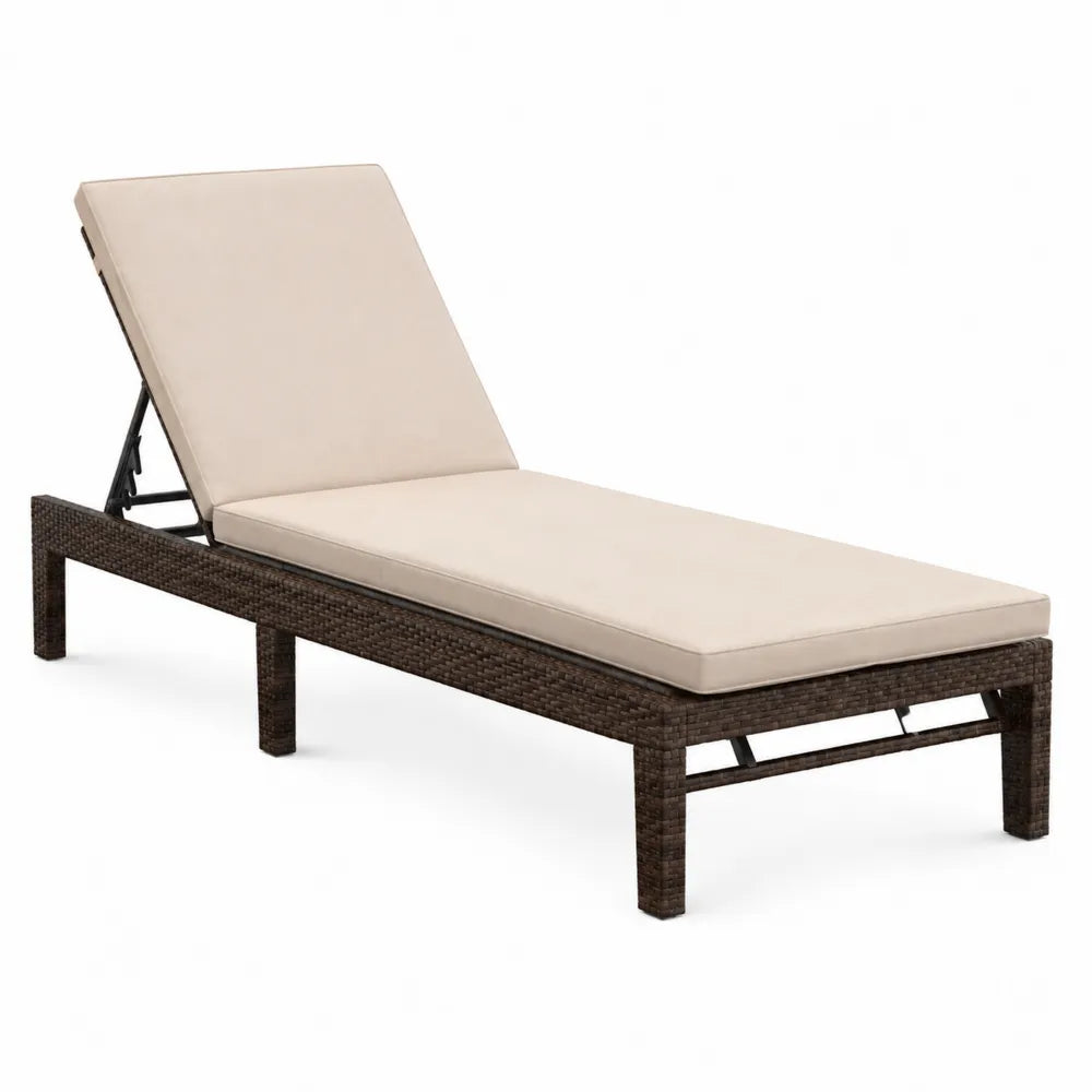 Lettino prendisole da esterno reclinabile in rattan sintetico PE marrone scuro con cuscino beige 200 x 70 x 85 cm