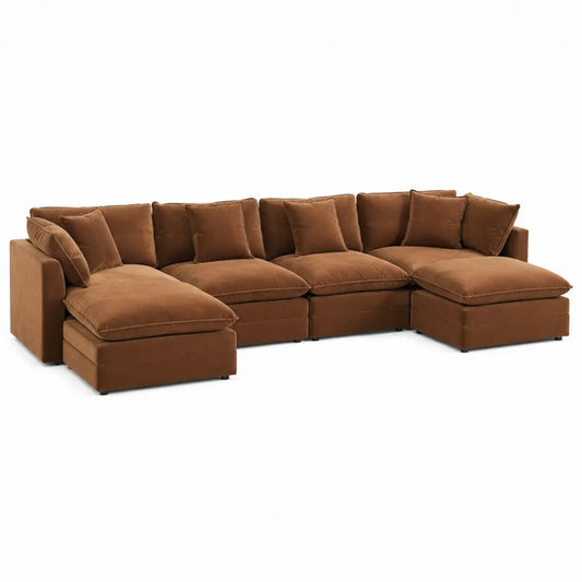 Divano modulare angolare con doppia chaise longue in tessuto vellutato di poliestere marrone caramello 300x180x85 cm
