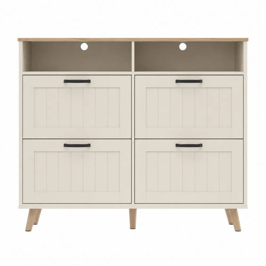 Mobile scarpiera contenitore con 4 cassetti e vano superiore aperto in MDF e legno massello beige 100 cm x 35 cm x 90 cm