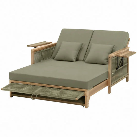Chaise longue doppia da esterno in legno massello di acacia con corda PE cuscini verde oliva e tavolini laterali 200 x 160 x 75 cm
