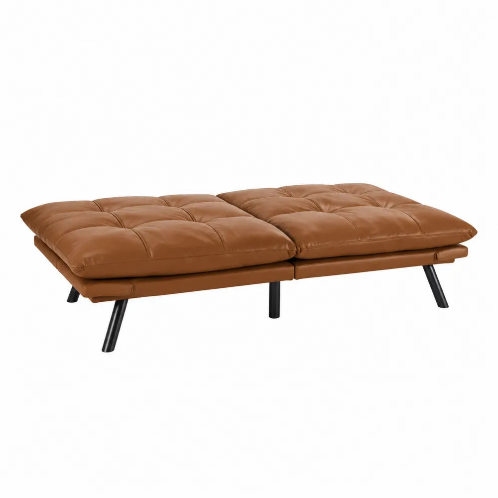 Divano letto futon in similpelle PU marrone cognac con gambe in acciaio nero 200x100x40 cm