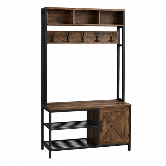 Mobile ingresso appendiabiti rettangolare da interno in acciaio verniciato nero e MDF effetto legno marrone con panca scarpiera ganci e armadietto 100 x 40 x 170 cm