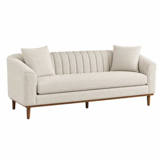 Divano 3 posti rettangolare in tessuto bouclé di poliestere beige chiaro con gambe in legno 210x82x80 cm