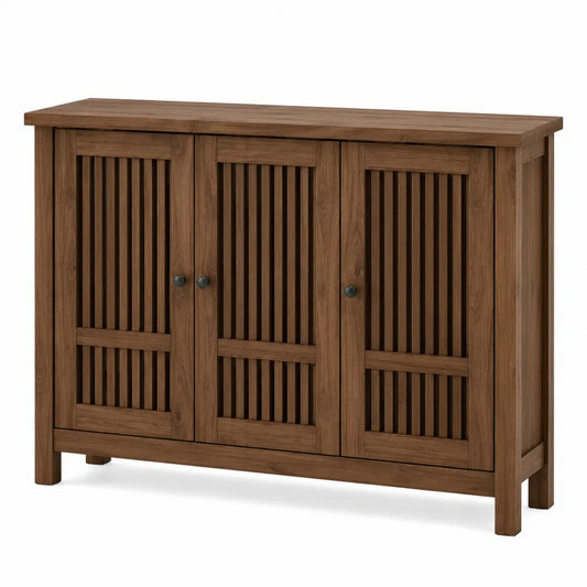 Mobile scarpiera contenitore a 3 ante in MDF effetto legno con ripiani interni e gambe in legno massello colore noce 120 cm x 35 cm x 85 cm