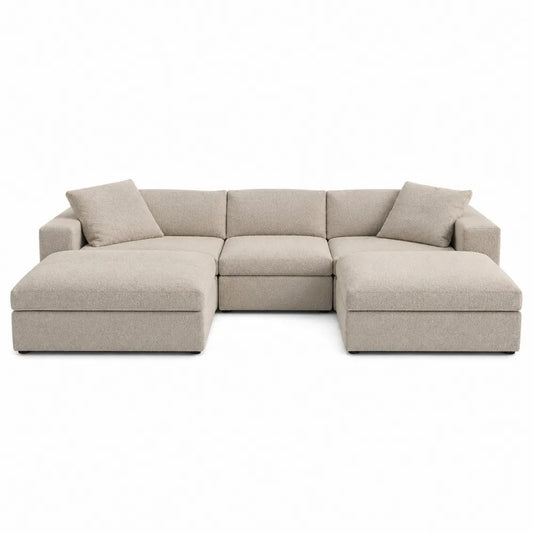 Divano modulare a U con doppia chaise longue in tessuto bouclé di poliestere beige chiaro 260x160x80 cm