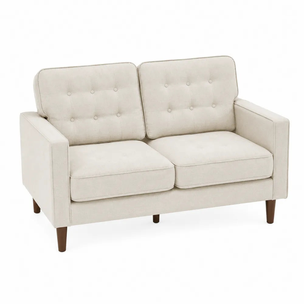 Divano a 2 posti in tessuto beige con schienale trapuntato e gambe in legno massello dimensioni 160 x 90 x 85 cm
