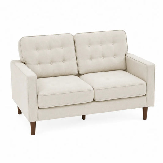 Divano a 2 posti in tessuto beige con schienale trapuntato e gambe in legno massello dimensioni 160 x 90 x 85 cm