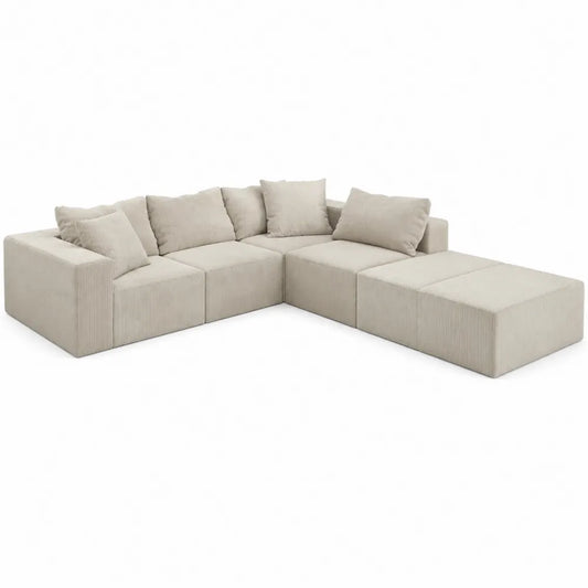 Divano modulare angolare con chaise longue in tessuto di poliestere a coste beige chiaro 300x180x85 cm
