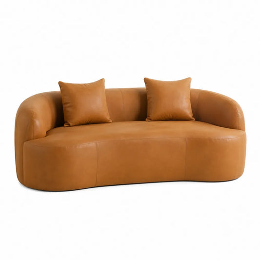 Divano curvo 2 posti in similpelle PU marrone cognac con due cuscini 200x85x75 cm