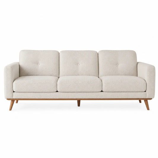 Divano a 3 posti in tessuto bouclé beige con gambe in legno massello dimensioni 210 x 90 x 85 cm
