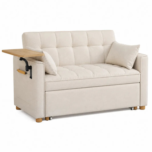 Divano 2 posti con tavolino laterale in tessuto di poliestere beige con struttura in multistrato 190x90x85 cm