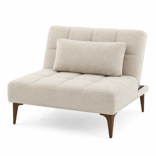Poltrona lounge imbottita in tessuto di poliestere beige con cuscino e gambe in legno 95x85x80 cm