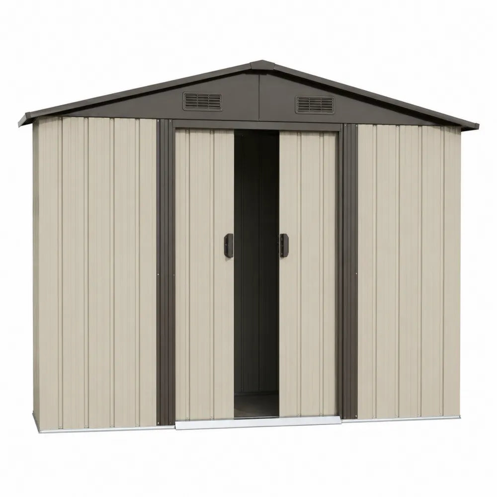 Casetta da giardino rettangolare in acciaio zincato con doppia porta scorrevole beige marrone scuro 190 x 150 x 210 cm