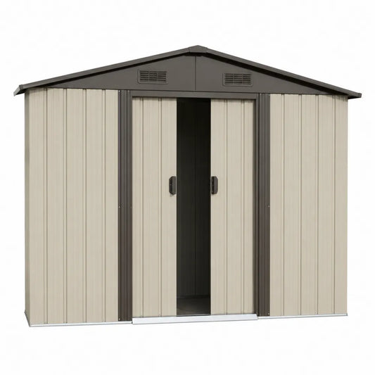 Casetta da giardino rettangolare in acciaio zincato con doppia porta scorrevole beige marrone scuro 190 x 150 x 210 cm