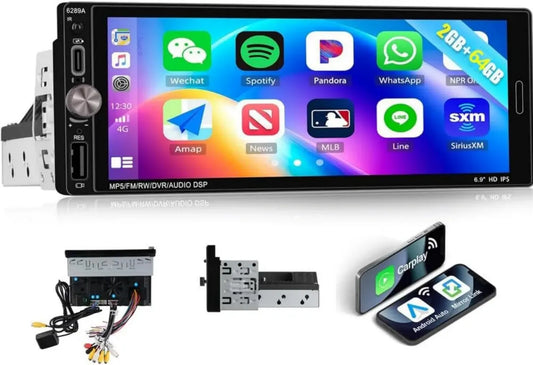 Autoradio Android 1 Din 6.9'' con Carplay e Android Auto Senza Fili, Schermo Touch, Bluetooth, WiFi, GPS, Telecamera Posteriore