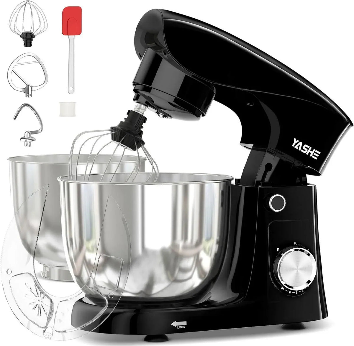 YASHE Mixer Planetario 1500W, Set Ciotole Acciaio Inox 4,5L e 5L, 10 Velocità, Design Inclinabile, Accessori Inclusi, Colore Nero