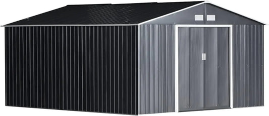 Outsunny Capanno in Acciaio Zincato 12.4m² con Ventilazione, Tetto Inclinato e Porte Scorrevoli Bloccabili, 340x386x200cm, Grigio