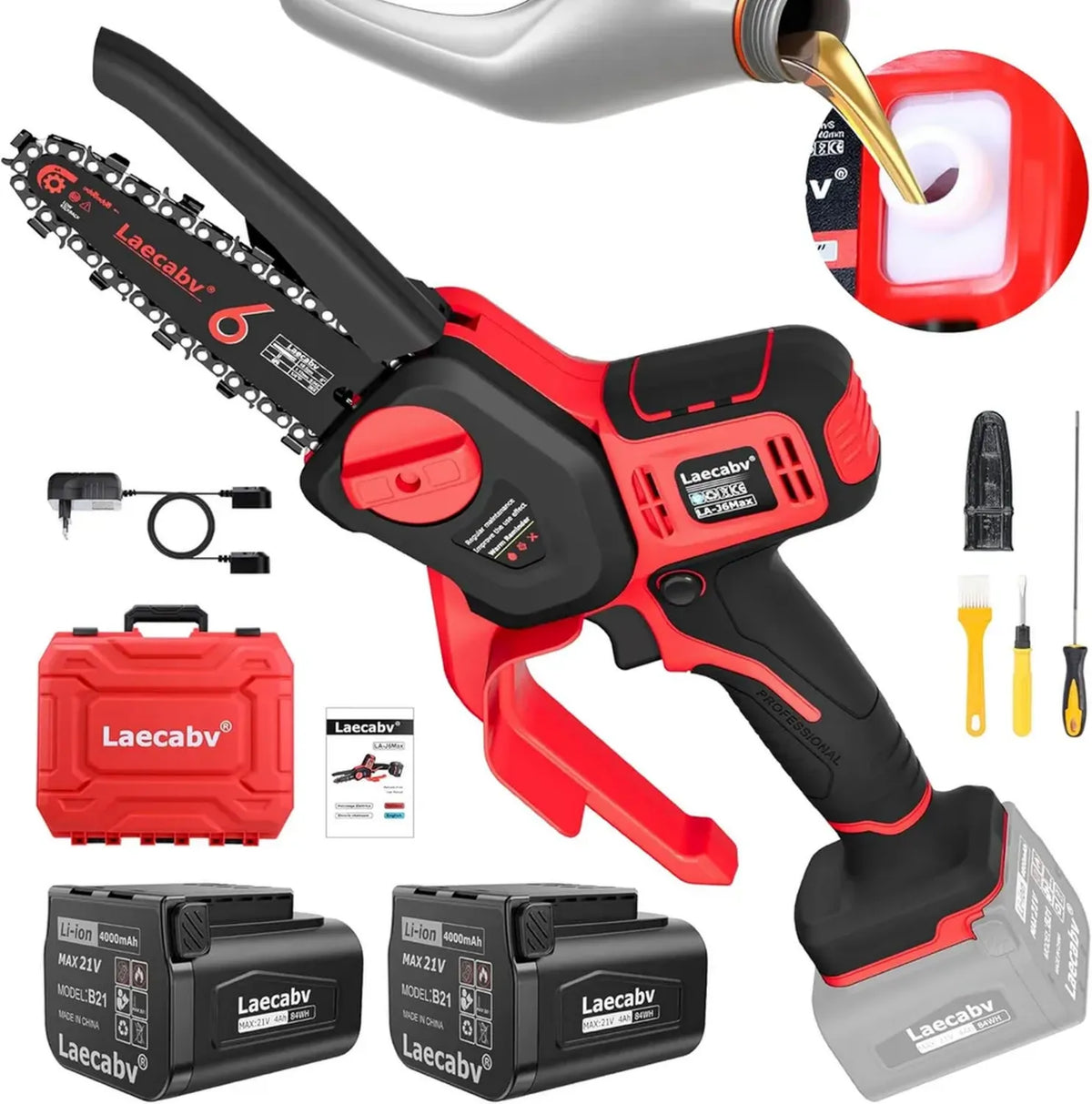 Mini Motosega Elettrica da 6 Pollici con Batteria al Litio 21V 4Ah, Ideale per Potatura e Taglio Legno