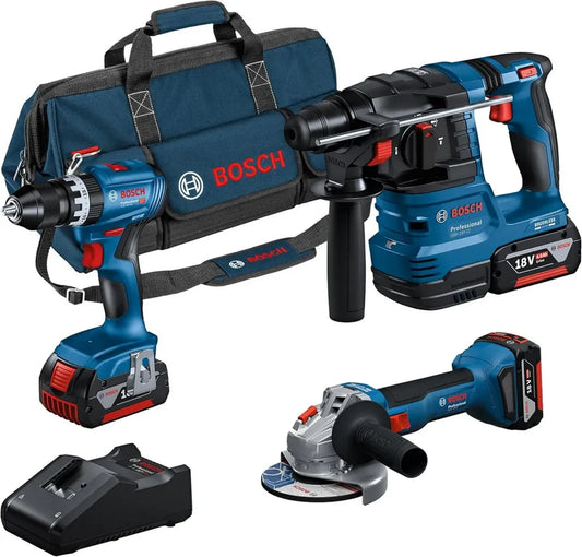 Set Utensili a Batteria Bosch 18V: Trapano + Tassellatore + Smerigliatrice con 3 Batterie e Borsa