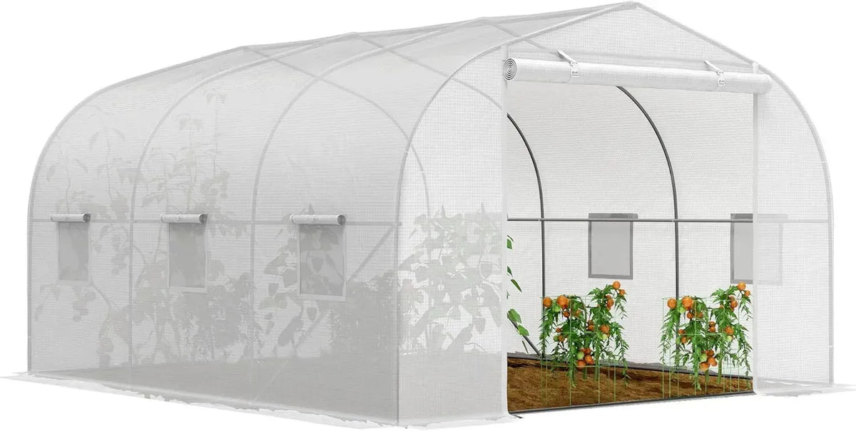 Serra da Giardino Outsunny in Polietilene e Acciaio con Porta a Rullo e Finestre, 3.5x3x2 m, Bianca