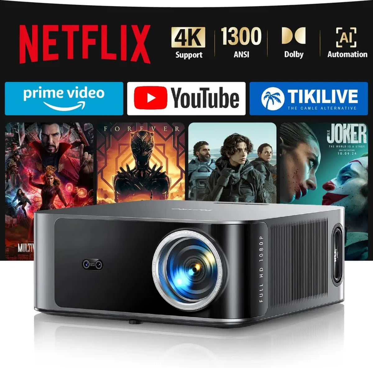 Proiettore 4K con Dolby Audio e WiFi 6, Autofocus AI per Home Theater e PS5