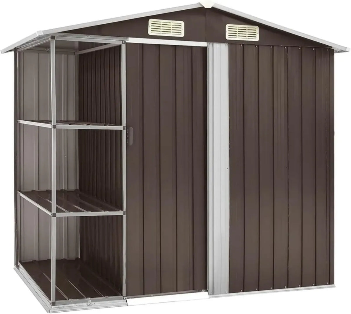 Capanno da Giardino in Metallo con Scaffale, Marrone 205x130x183 cm