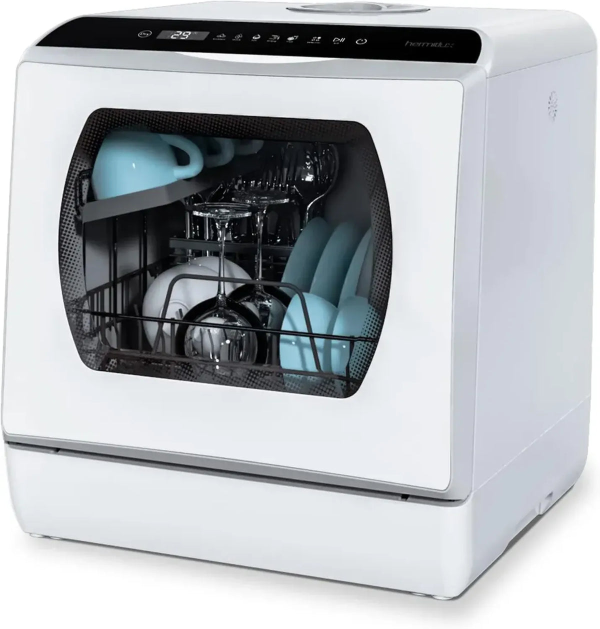 Lavastoviglie Compatta Hermitlux 4 Coperti, Serbatoio 5L, 6 Programmi, Portatile per Campeggio e Ufficio, Colore Bianco