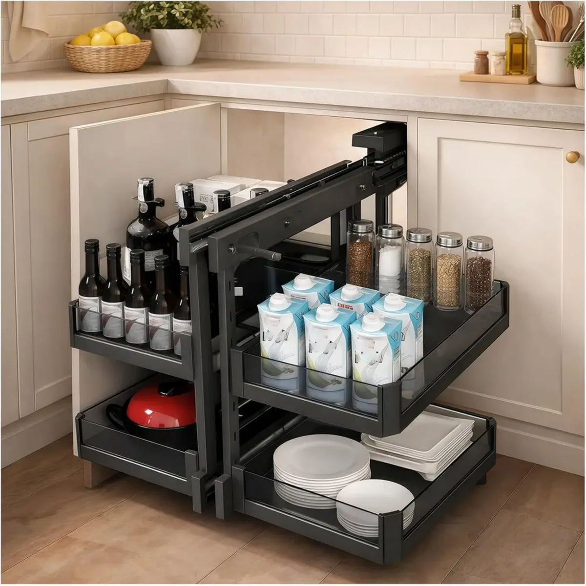 Organizer Estraibile per Angoli Ciechi con 4 Cestini, Cassetto Regolabile per Casa e Cucina