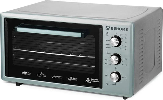BEHOME Forno Elettrico 48L con Ventilazione e Girarrosto, Autopulente, Fino a 320°C, Doppio Vetro, Luce Interna, Timer, 2 Teglie e 1 Griglia (Grigio)