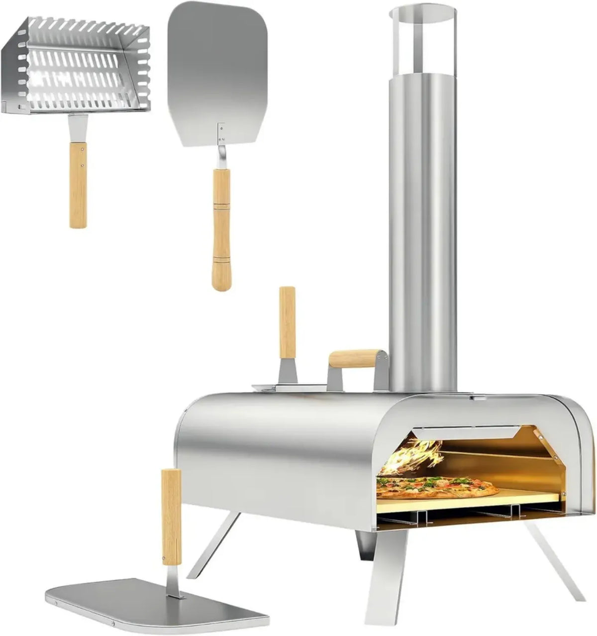 Forno a Legna Portatile per Pizza in Acciaio Inox con Pietra e Pala, Ideale per Esterni e Campeggio, 79x36x75 cm