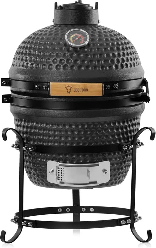 Barbecue Kamado in Ceramica Ø 32 cm con Termometro e Manico in Legno, Grigio Opaco