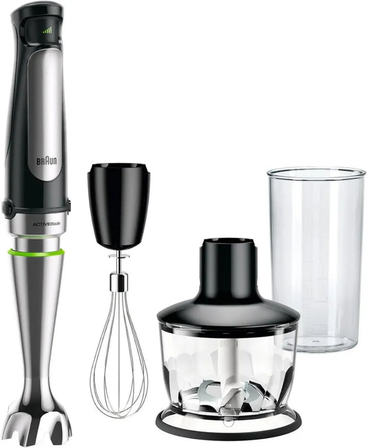 Frullatore a Immersione Braun MultiQuick 7 con Tecnologia Anti-Schizzi e ActiveBlade, Velocità Regolabile, Tritatutto da 500 mL, Frusta, Bicchiere da 600 mL, 1000W, Nero