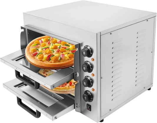Forno Elettrico per Pizza 3000W a Doppio Livello in Acciaio Inox con Piastra in Pietra
