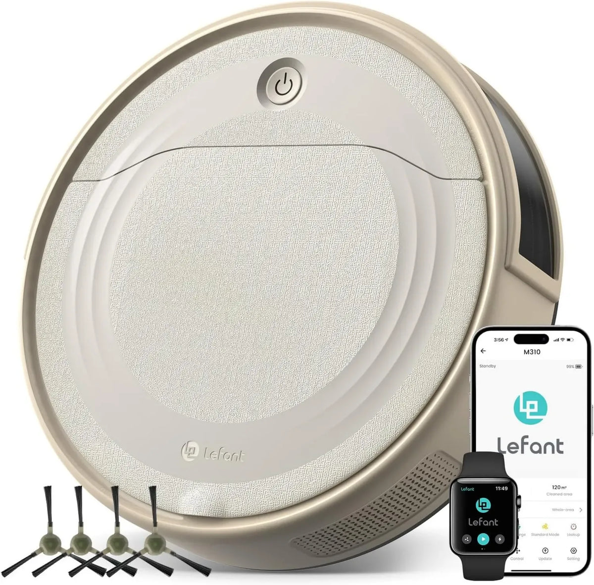 Robot aspirapolvere LEFANT M310 con potenza di aspirazione 4500Pa, autonomia 180 minuti, controllo via WiFi e Alexa, design ultra sottile 28cm, ideale per peli di animali e pavimenti duri, colore champagne