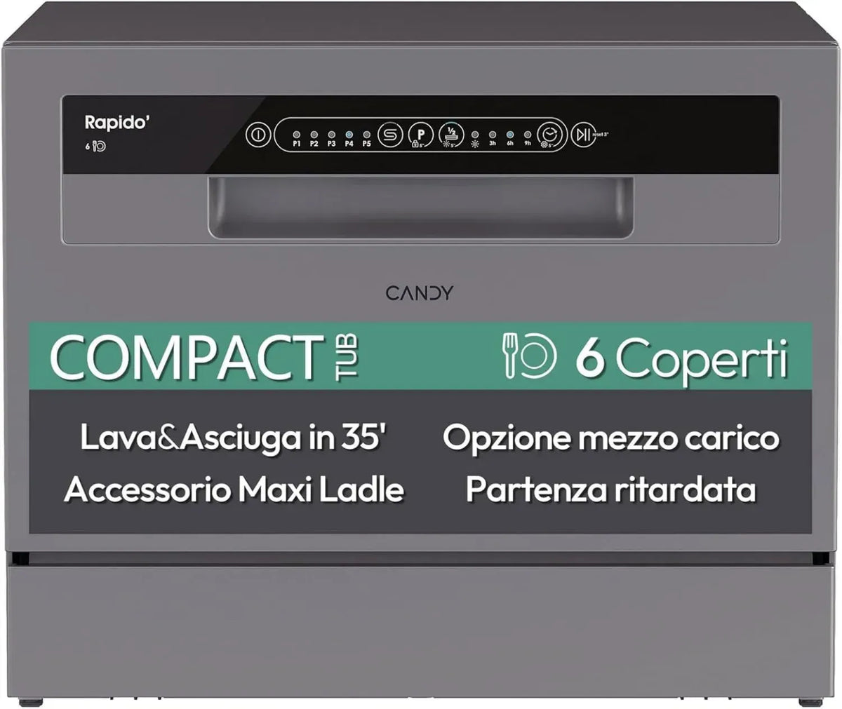 Lavastoviglie Candy Rapido' Compatta 6 Coperti, 8 Programmi, Argento, Classe Energetica E
